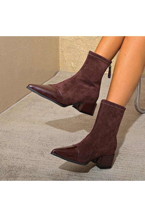 Ankle Sock Boots For Women Stretch Matte Faux Suede Patent Leather Pointed Toe Low Flat Mirror Block Heel Rear Zipper Boot Footwear