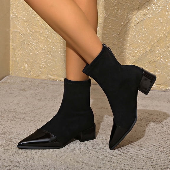 Bkhluea Ankle Sock Boots For Women Stretch Matte Faux Suede Patent Leather Pointed Toe Low Flat Mirror Block Heel Rear Zipper Boot Footwear