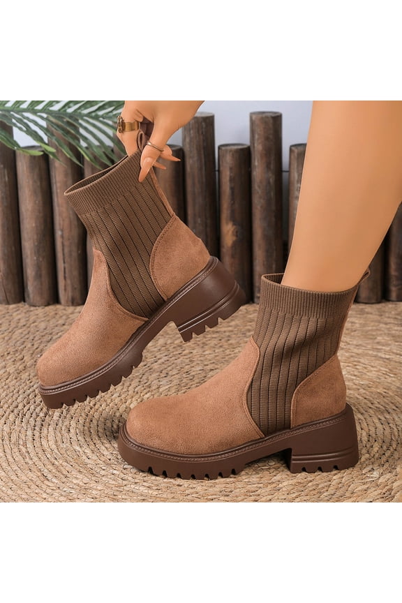 Ankle Sock Boots For Women Vertical Ribbed Knit Matte Faux Suede Round Toe Lug Platform Low Block Heel Slip On Boot Footwear