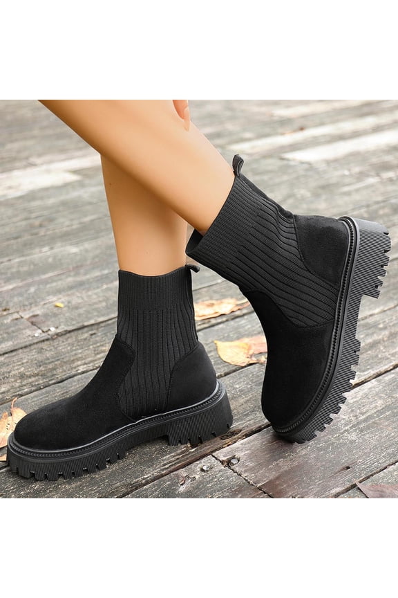 Ankle Sock Boots For Women Vertical Ribbed Knit Matte Faux Suede Round Toe Lug Platform Slip On Boot Footwear