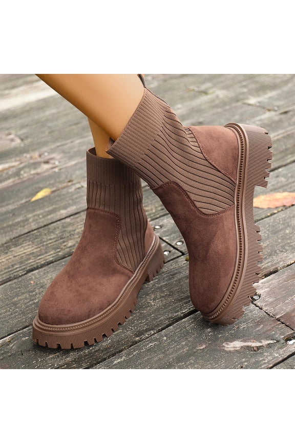 Ankle Sock Boots For Women Vertical Ribbed Knit Matte Faux Suede Round Toe Lug Platform Slip On Boot Footwear
