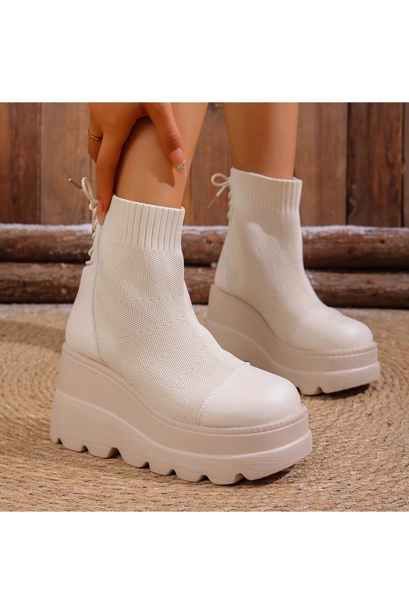 Ankle Wedge Platform Boots For Women Vertical Ribbed Knit Smooth Faux Leather Round Toe Rear Lace Up Lug Wedge Slip On Boot Footwear