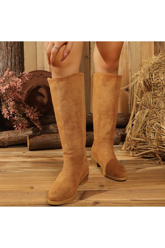 Knee High Boots For Women Matte Faux Suede Plain Seam Panel Round Toe Low Stacked Heel Pull On Tall Boot Footwear