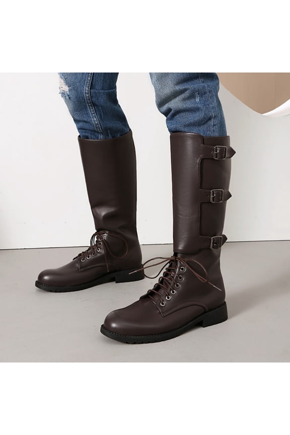 Knee High Boots For Women Round Toe Front Lace Up Triple Buckle Strap Flat Combat Boot Footwear For Punk Street And Casual Outdoor Use