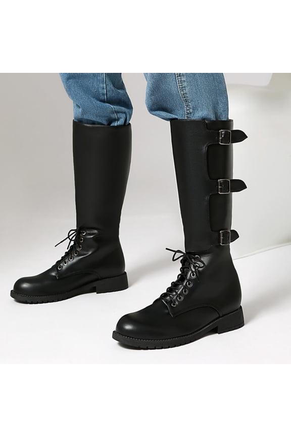 Knee High Boots For Women Round Toe Front Lace Up Triple Buckle Strap Flat Combat Boot Footwear For Punk Street And Casual Outdoor Use