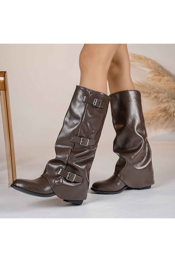 Knee High Boots For Women Ruched Shaft Triple Metal Buckle Wedge Heel Slip On Tall Boot Footwear For Punk Vintage Street Style