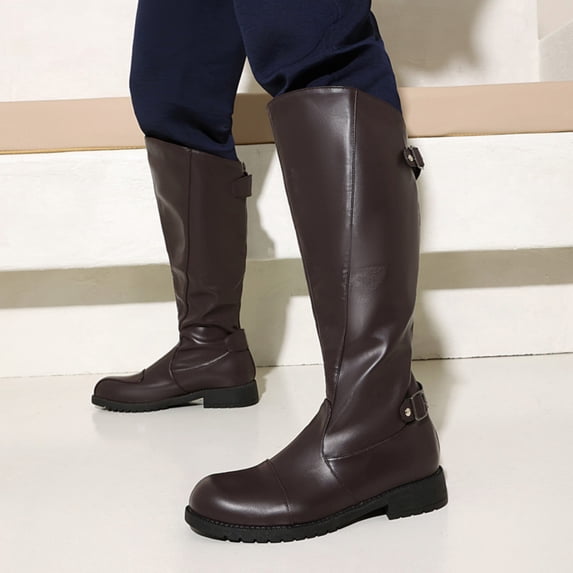 Bkhluea Knee High Boots For Women Smooth Faux Leather Round Toe Dual Buckle Low Block Heel Tall Boot Footwear For Daily Autumn Winter Street Outfits