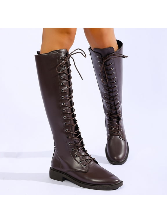 Knee High Boots For Women Smooth Faux Leather Round Toe Front Lace Up Side Zipper Low Flat Heel Tall Combat Boot Footwear For Casual Outdoor Use