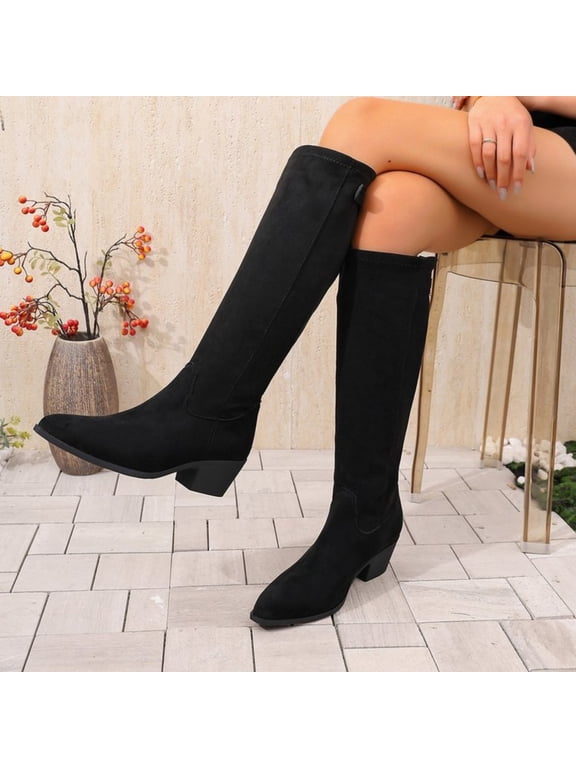 Knee High Boots For Women Stretch Matte Faux Suede Pointed Toe Low Block Heel Rear Button Tall Boot Footwear For Casual Cold Season Daily Wear