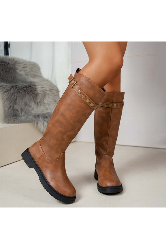 Knee High Riding Boots For Women Matte Smooth Faux Leather Top Horizontal Rivet Decor Single Metal Buckle Round Toe Low Flat Lug Sole Tall Boot Footwear