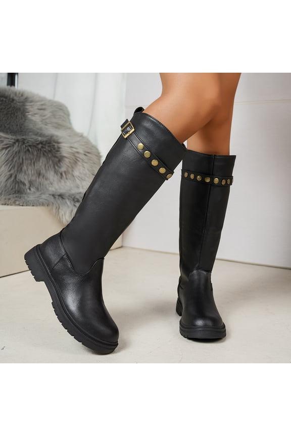 Knee High Riding Boots For Women Matte Smooth Faux Leather Top Horizontal Rivet Decor Single Metal Buckle Round Toe Low Flat Lug Sole Tall Boot Footwear