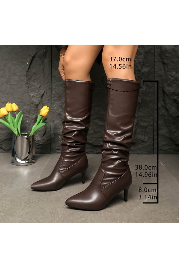 Knee High Stiletto Boots For Women Wrinkle Smooth Faux Leather Slouch Ruched Shaft Pointed Toe Thin Stiletto Heel Pull On Tall Boot Footwear