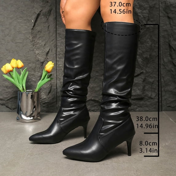 Bkhluea Knee High Stiletto Boots For Women Wrinkle Smooth Faux Leather Slouch Ruched Shaft Pointed Toe Thin Stiletto Heel Pull On Tall Boot Footwear