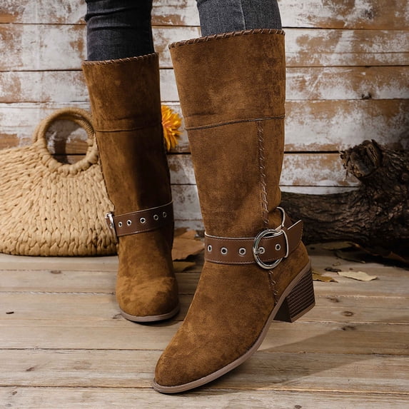 Bkhluea Knee High Western Boots For Women Matte Faux Suede Single Large Ring Buckle Strap Round Toe Low Stacked Heel Tall Boot Footwear For Casual Country Outfits