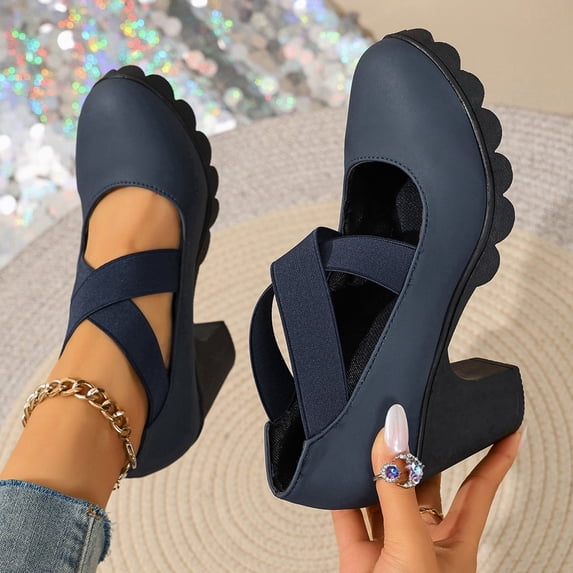 Bkhluea Mary Jane Backless Heel Shoes For Women Matte Woven Fabric Dual Cross Elastic Instep Straps Round Toe Scalloped Platform Mid Chunky Block Heel Footwear