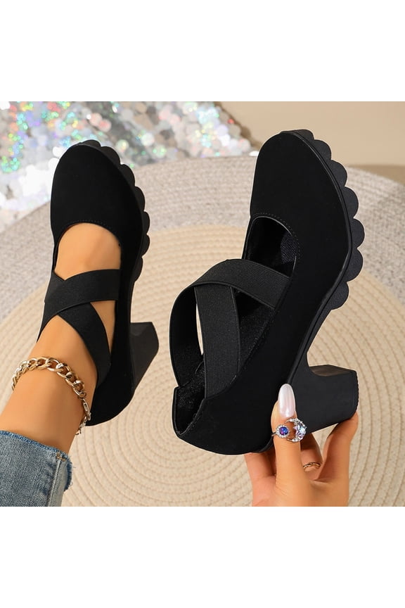 Mary Jane Backless Heel Shoes For Women Matte Woven Fabric Dual Cross Elastic Instep Straps Round Toe Scalloped Platform Mid Chunky Block Heel Footwear