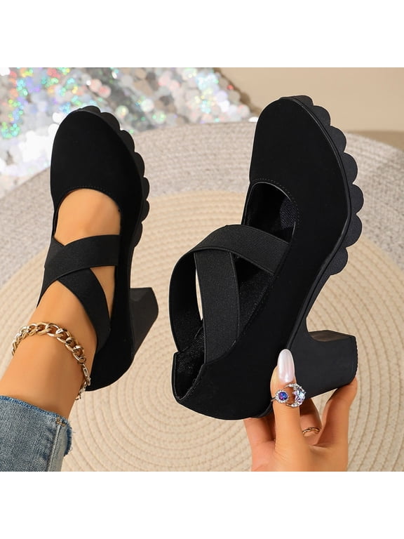 Mary Jane Backless Heel Shoes For Women Matte Woven Fabric Dual Cross Elastic Instep Straps Round Toe Scalloped Platform Mid Chunky Block Heel Footwear