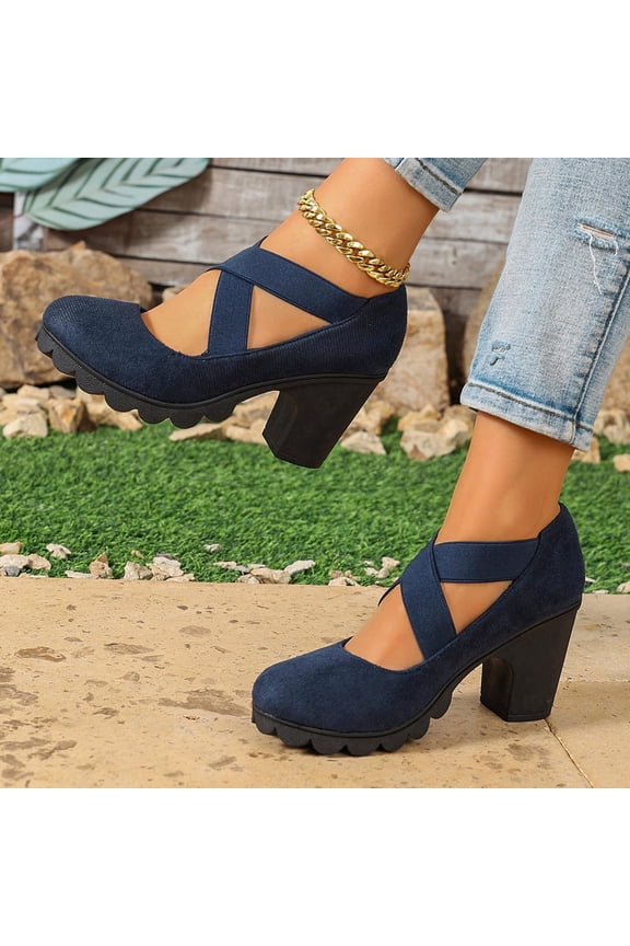 Mary Jane Block Heel Shoes For Women Matte Faux Suede Dual Cross Elastic Instep Straps Round Toe Scalloped Platform Mid Chunky Solid Heel Footwear