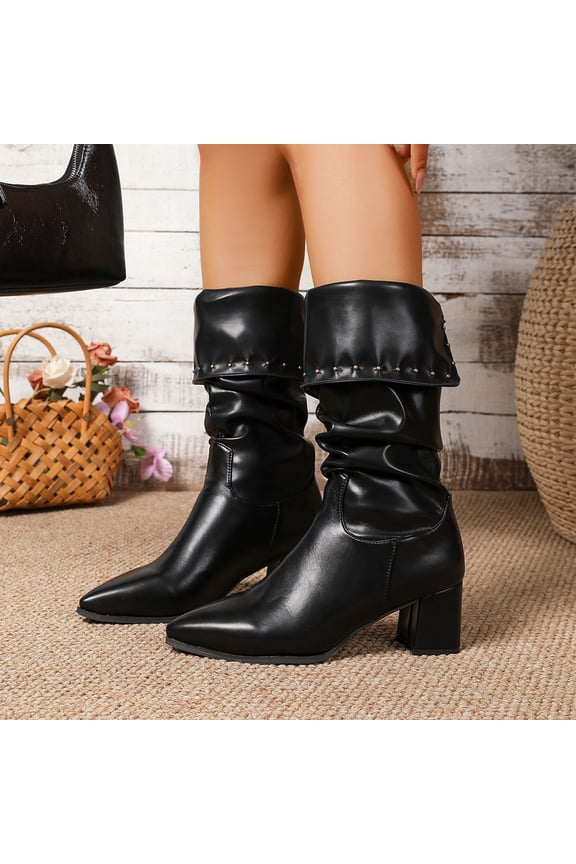 Mid Calf Ruched Boots For Women Smooth Wrinkle Faux Leather Fold Over Rivet Cuff Pointed Toe Mid Chunky Block Heel Pull On Boot Footwear