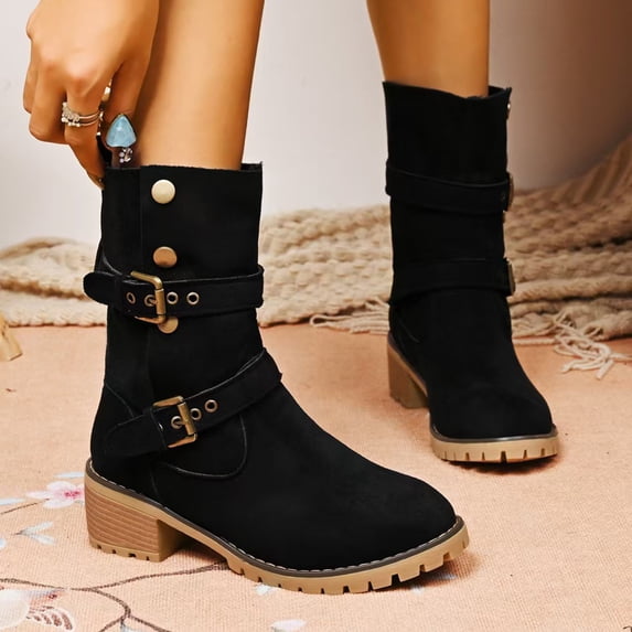 Bkhluea Mid Calf Western Boots For Women Matte Faux Suede Dual Horizontal Metal Buckle Round Toe Low Stacked Heel Pull On Boot Footwear For Vintage Daily Wear