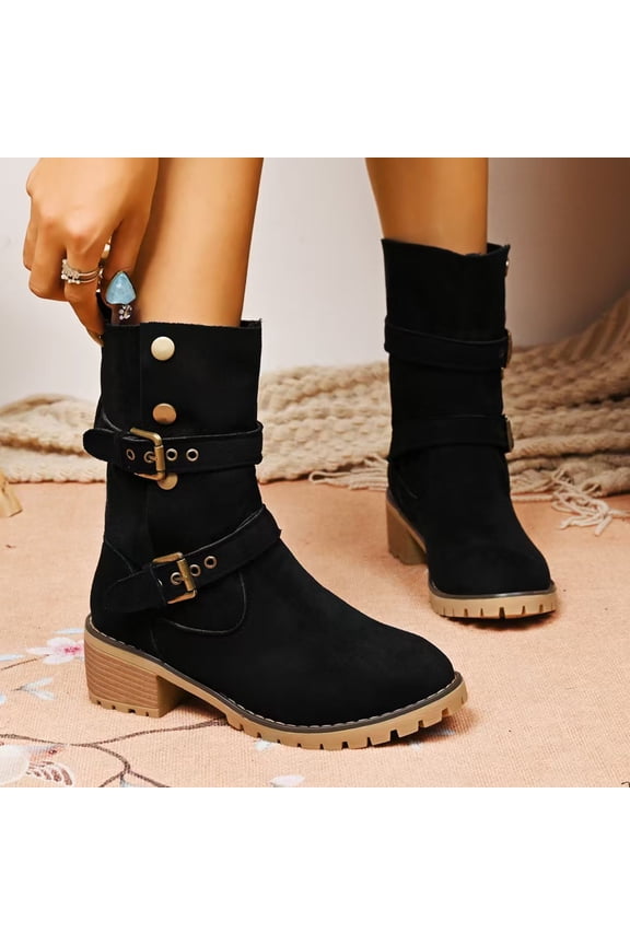 Mid Calf Western Boots For Women Matte Faux Suede Dual Horizontal Metal Buckle Round Toe Low Stacked Heel Pull On Boot Footwear For Vintage Daily Wear