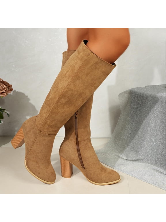 Suede Knee High Boots Fall Boot For Women Chunky Block High Heel Slouch Fashion Boot Round Toe Side Zipper
