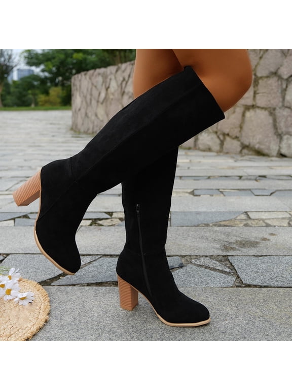 Suede Knee High Boots Fall Boot For Women Chunky Block High Heel Slouch Fashion Boot Round Toe Side Zipper