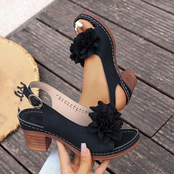 Bkhluea Women Block Heel Sandals Open Toe Flower Decor Ankle Strap Shoes Summer Party Wedding Casual Daily Wear