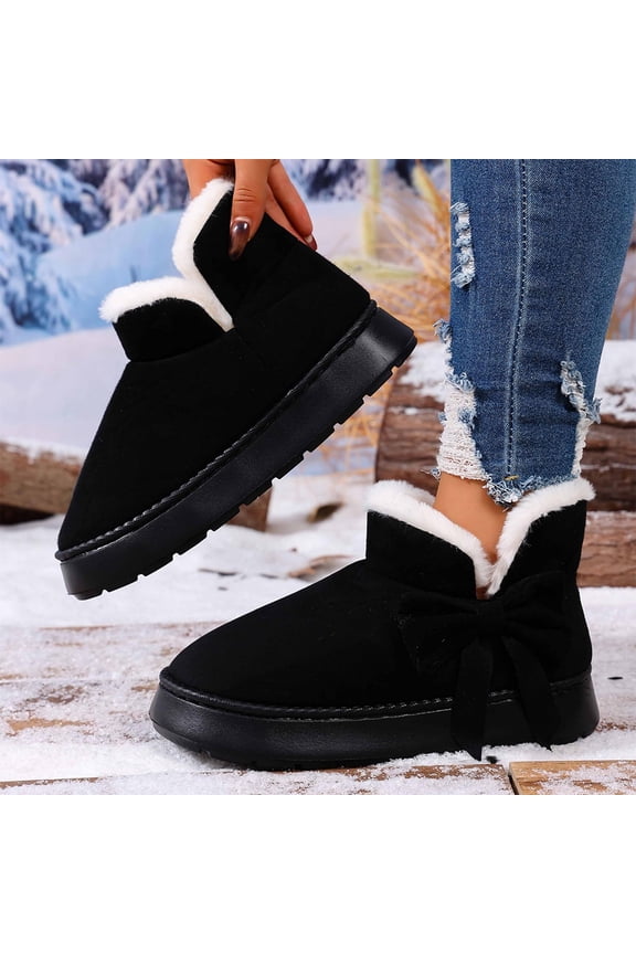 Women Bow Decor Fleece Lined Platform Mini Winter Ankle Snow Boots Round Toe Slip On Footwear For Casual Outdoor