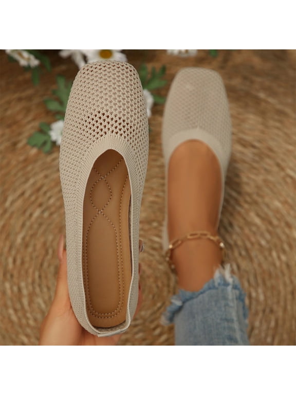 Women Breathable Knit Mesh Square Toe Ballet Flats Comfortable Footwear For Office Casual Outdoor Daily Activities