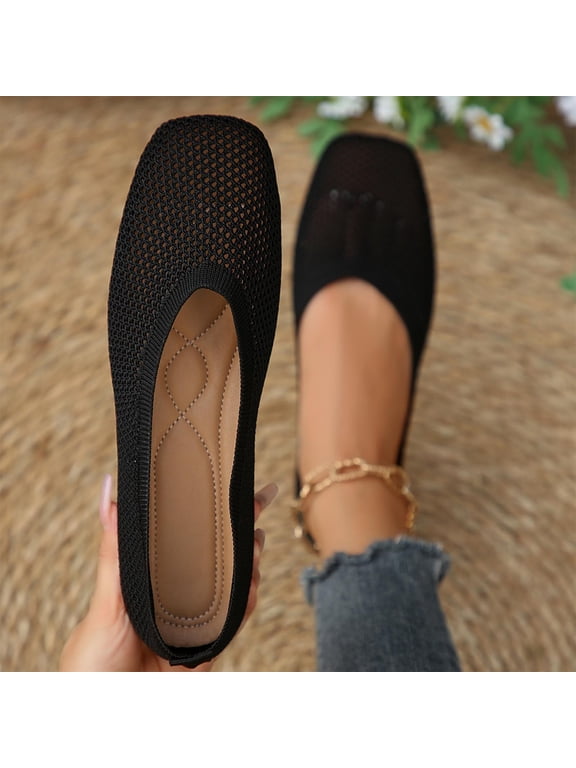 Women Breathable Knit Mesh Square Toe Ballet Flats Comfortable Footwear For Office Casual Outdoor Daily Activities