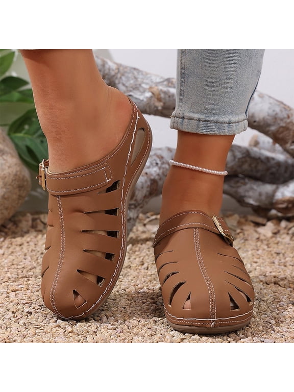 Women Caged Buckle Comfort Mules Slip On Adjustable Footwear For Daily Travel Outdoor Activities