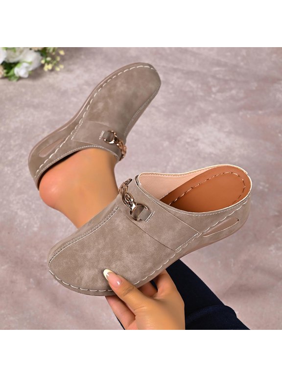 Women Chain Accent Backless Mule Shoes Slip On Comfortable Footwear For Office Work Daily Casual Outdoor Activities