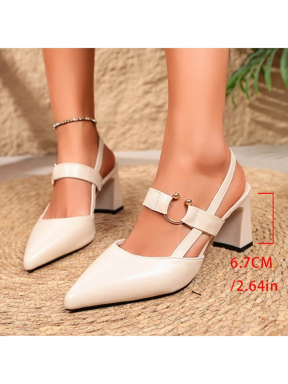 Women Double Bead Detail Slingback Block Heel Pumps Pointed Toe Faux Leather Footwear For Party Casual Office Outdoor Evening Wedding Daily