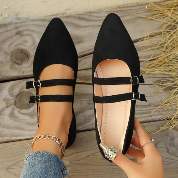 Bkhluea Women Double Strap Buckle Pointed Toe Flats Comfortable Footwear For Office Casual Outdoor Daily Activities