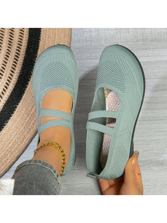 Women Double Strap Knit Mary Jane Flats Slip On Comfortable Footwear For Office Work Daily Casual Outdoor Activities