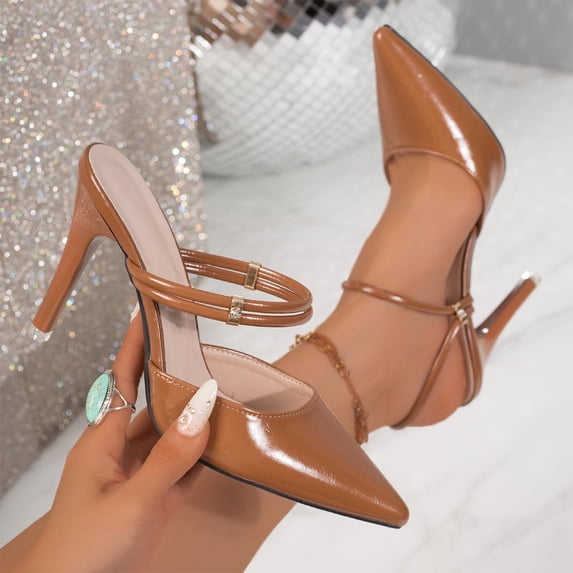 Bkhluea Women Double Strap Pointed Toe Slingback Mule Heels Elegant Comfortable Footwear For Party Office Outdoor Daily Activities