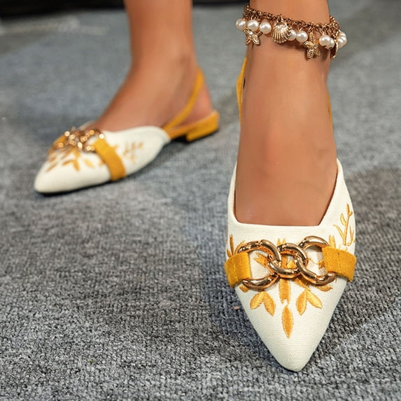 Bkhluea Women Embroidered Chain Accent Slingback Flats Comfortable Footwear For Office Work Daily Casual Outdoor Activities