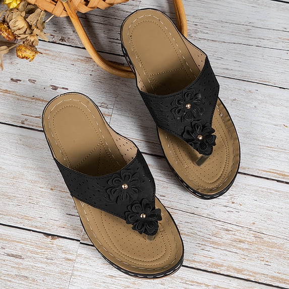 Bkhluea Women Floral Accent Cutout Wedge Flip Flops Comfortable Footwear For Beach Travel Casual Outdoor Daily Activities