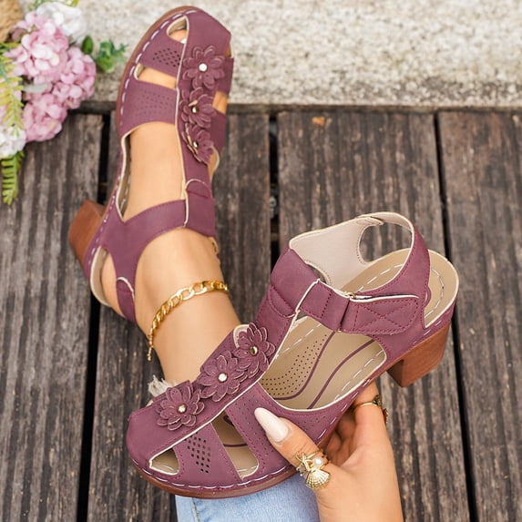 Bkhluea Women Floral Cutout Closed Toe Block Heel Sandals Hook And Loop Strap Footwear For Casual Walking Outdoor Daily