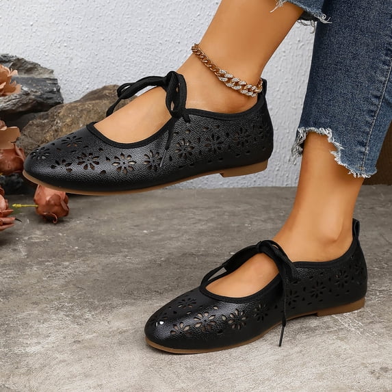 Bkhluea Women Floral Cutout Mary Jane Flats Elastic Strap Footwear For Office Casual Outdoor Daily Activities