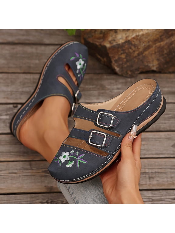 Women Floral Embroidered Double Buckle Mule Slides Comfortable Footwear For Casual Indoor Outdoor Daily Activities