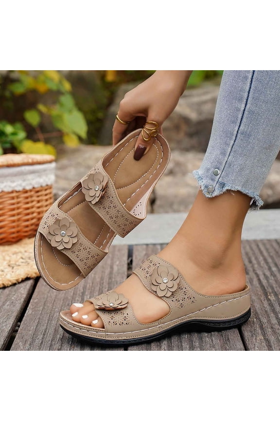 Women Flower Accent Perforated Wedge Slide Sandals Comfortable Footwear For Casual Outdoor Daily Activities