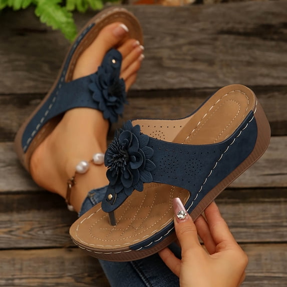 Bkhluea Women Flower Accent Wedge Flip Flop Sandals Slip On Comfortable Footwear For Casual Outdoor Beach Daily Activities