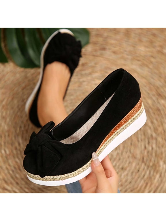 Women Front Bow Suede Espadrille Slip On Wedge Shoes Closed Toe Comfort Footwear For Casual Office Outdoor Daily Summer