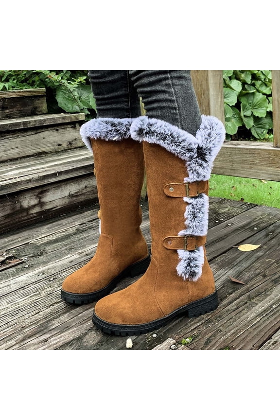 Women Fuzzy Faux Fur Dual Buckle Tall Knee High Winter Suede Snow Boots Round Toe Cold Weather Footwear For Outdoor