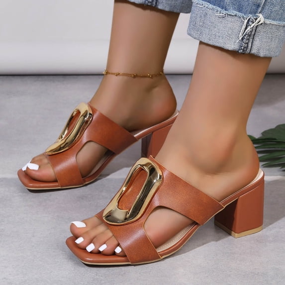 Bkhluea Women Gold Buckle Block Heel Slide Sandals Comfortable Footwear For Party Casual Outdoor Daily Activities