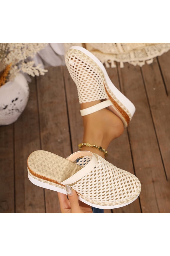 Women Hollow Crochet Knit Closed Toe Espadrille Wedge Slide Mule Sandals Slip On Breathable Footwear For Casual Outdoor Summer Daily Beach Vacation Shopping