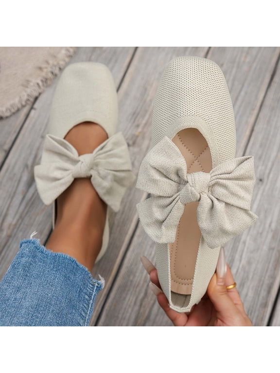 Women Knit Bow Accent Strap Square Toe Mary Jane Flats Comfortable Footwear For Office Party Casual Outdoor Daily Activities