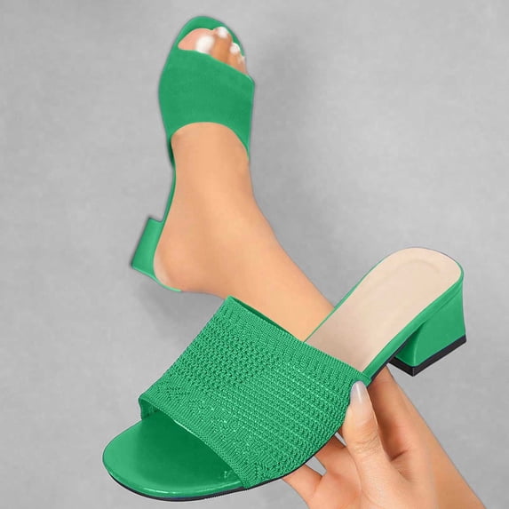 Bkhluea Women Knit Mesh Block Heel Slide Sandals Breathable Comfortable Footwear For Casual Office Outdoor Daily Activities